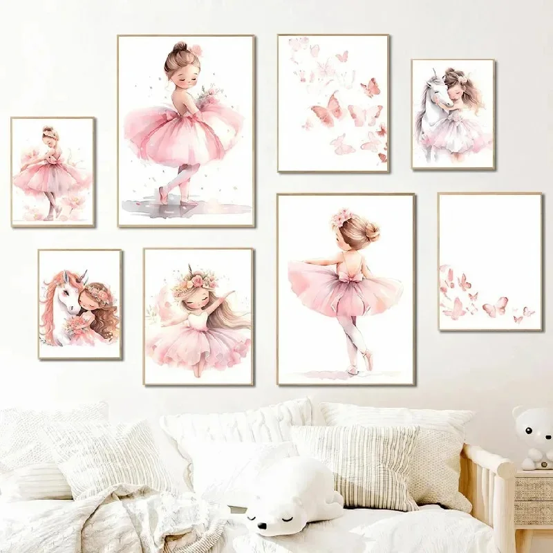 Baby Nursery Posters - Pink Ballerina Girl Unicorn Butterfly Poster