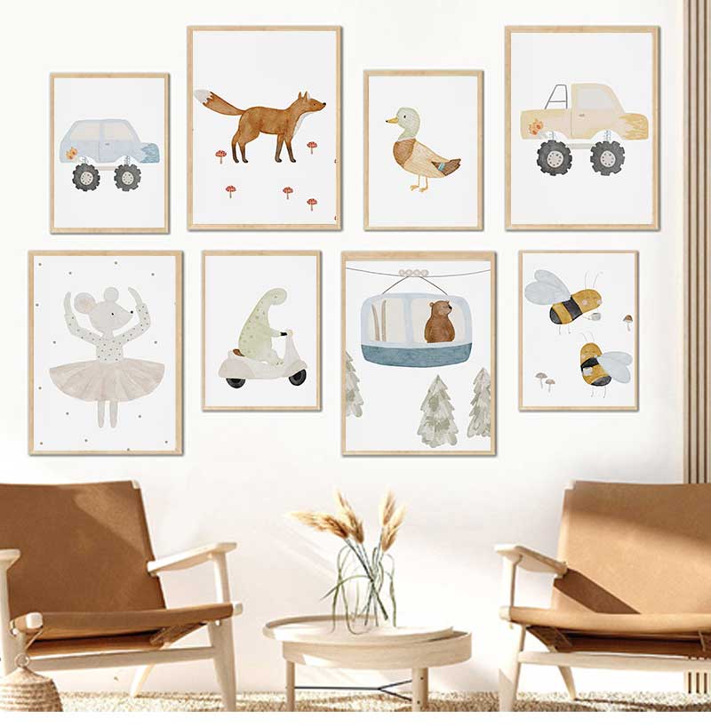 Baby Nursery Posters - Cartoon Goose Bees Bear Duck Dinosaur