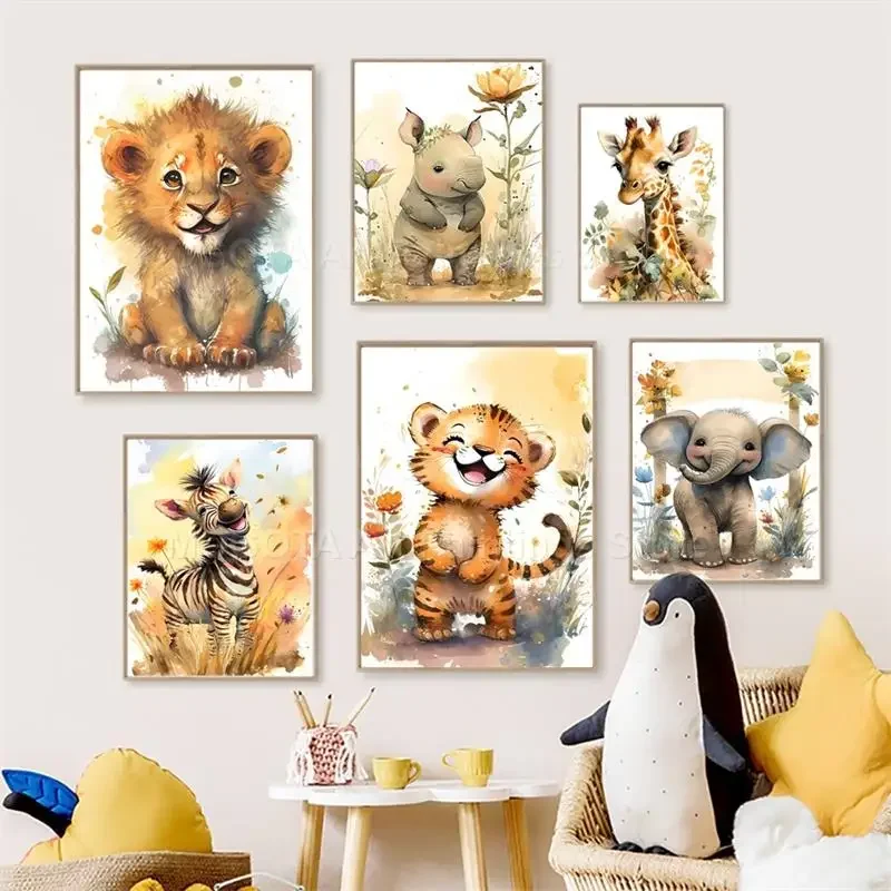 Baby Zebra Nursery - Watercolor Lion Giraffe Tiger Elephant Zebra