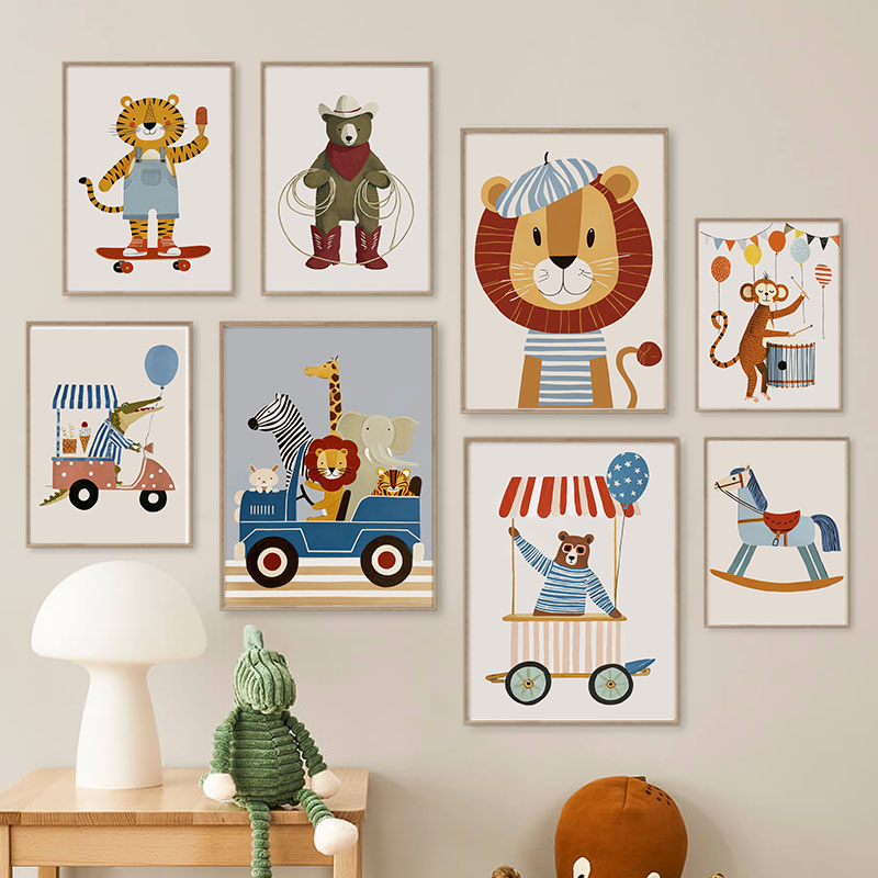 Baby Nursery Posters - Funny Cartoon Animal Car Balloon Nursery