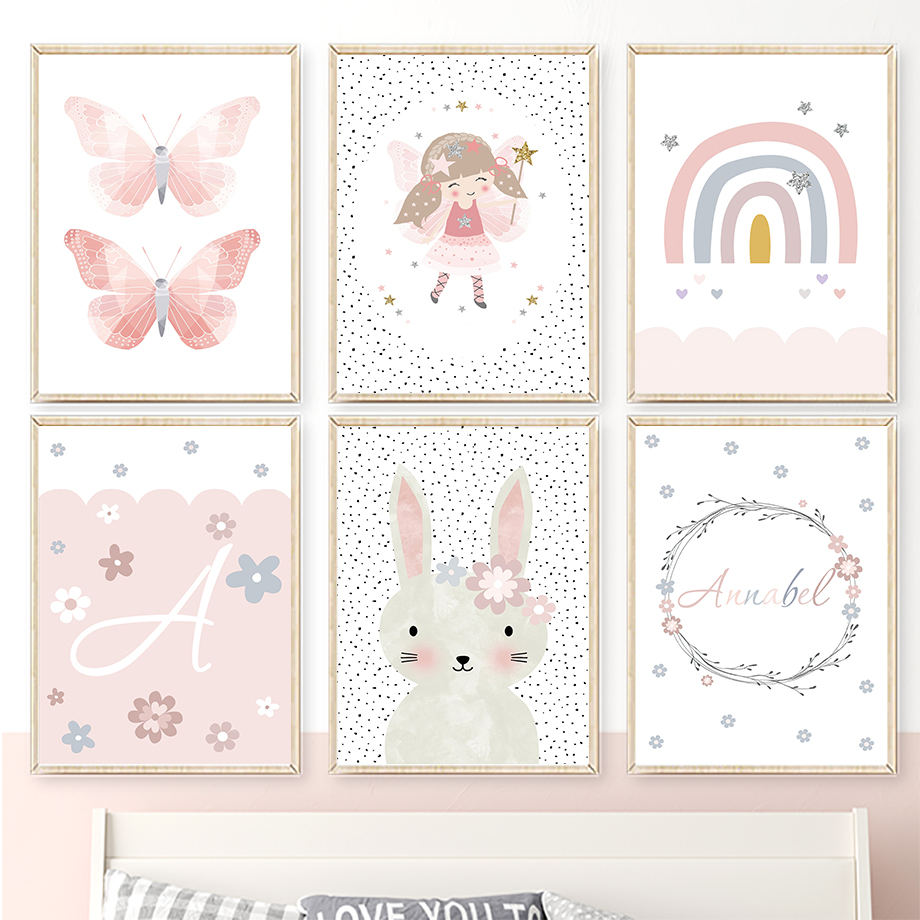 Baby Nursery Posters - Cute Girl Rabbit Flower Butterfly Rainbow
