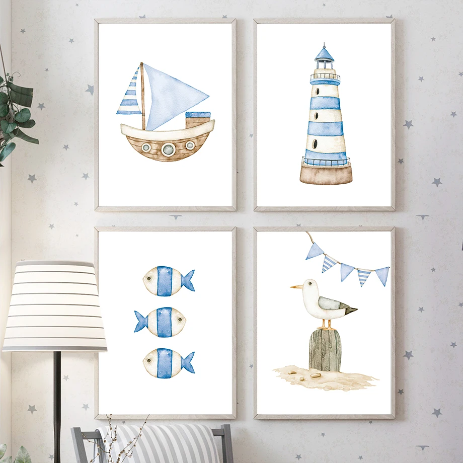 Sailboat Lighthouse Fish Nauti - огляд і ціна Baby Nursery Posters