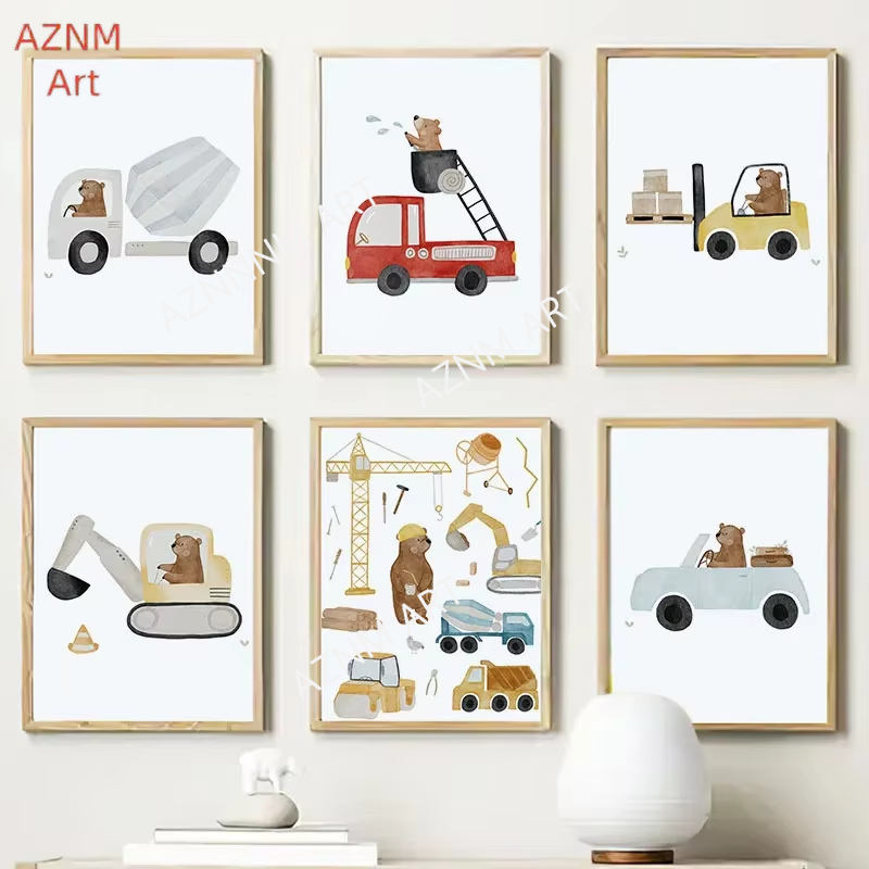 Cute Boho Bear Crane Excavator - огляд і ціна Baby Nursery Posters